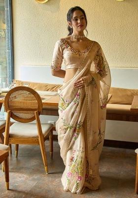 Beige Hand Work Silk Saree Set