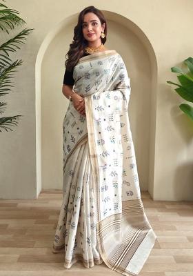 White Embroidered Tussar Saree Set