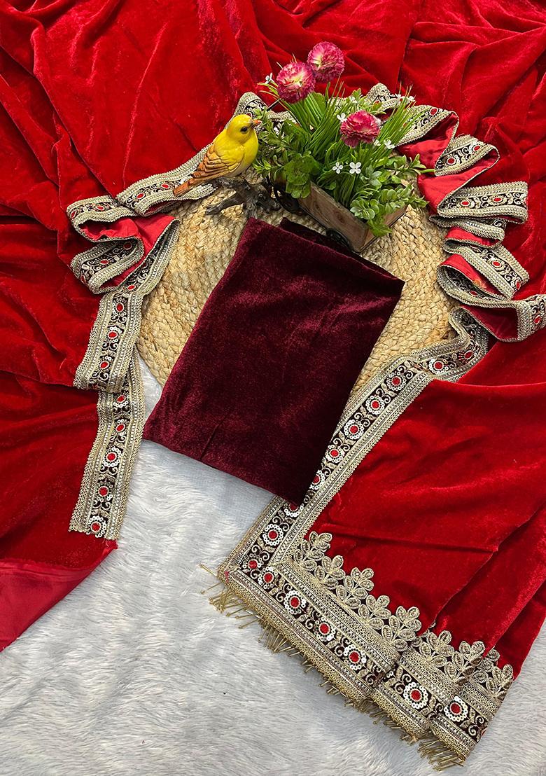 Red Plain Velvet Saree Set