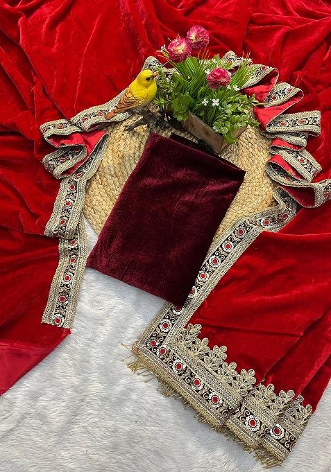 Red Plain Velvet Saree Set