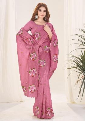 Onionpink Thread Work Blended Saree Set