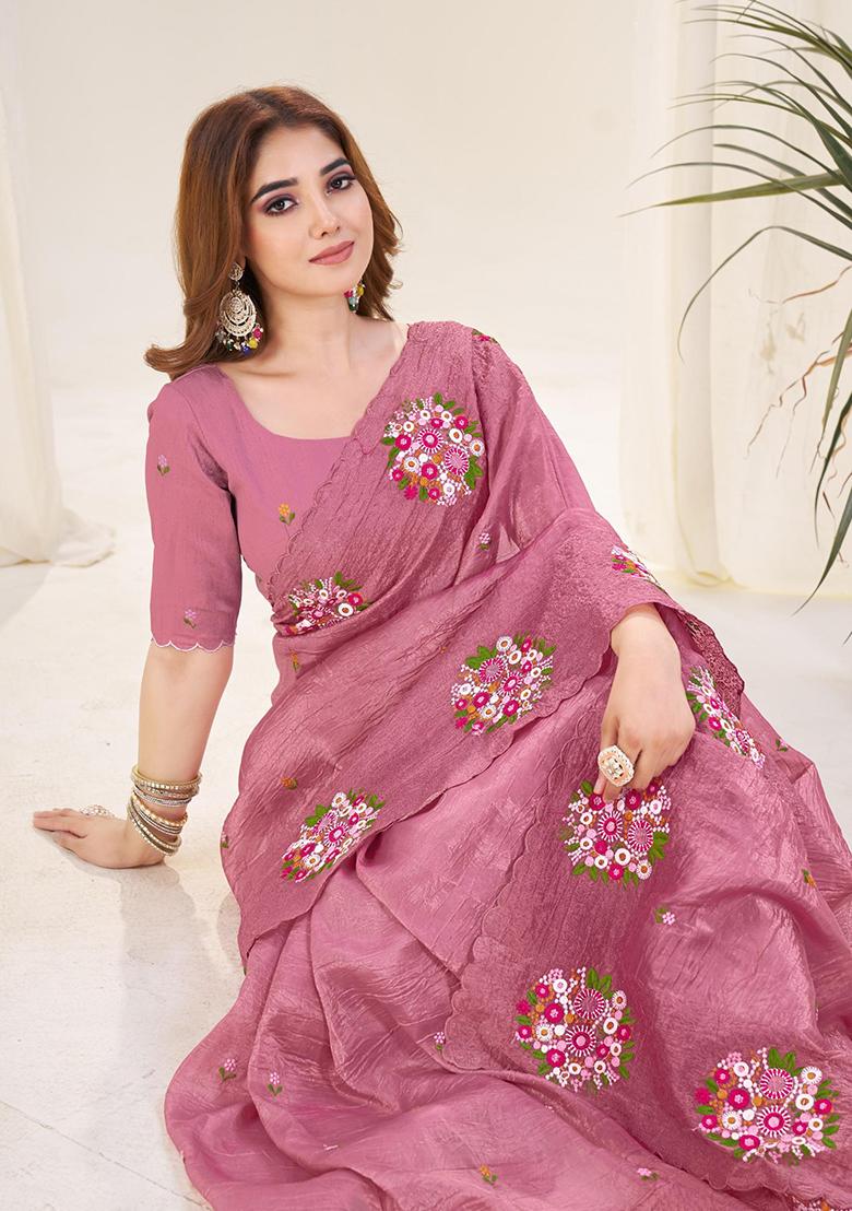 Onionpink Thread Work Blended Saree Set
