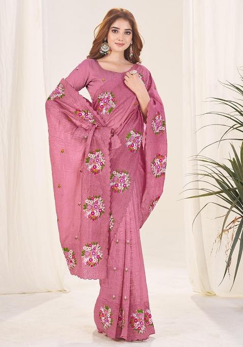 Onionpink Thread Work Blended Saree Set