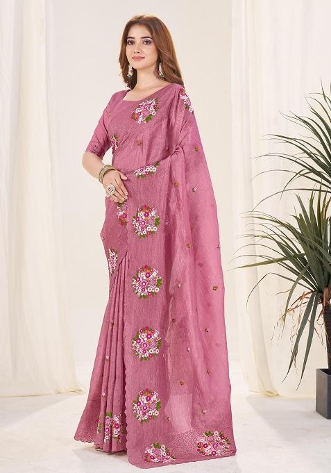 Onionpink Thread Work Blended Saree Set