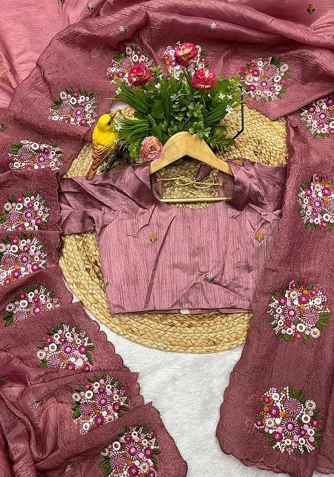 Onionpink Thread Work Blended Saree Set