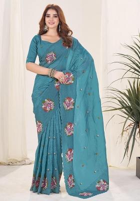 Rama Thread Work Blended Saree Set