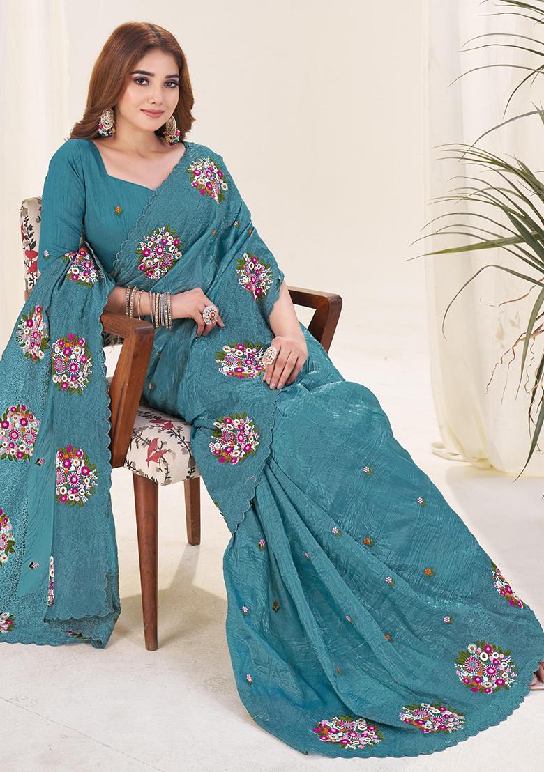 Rama Thread Work Blended Saree Set