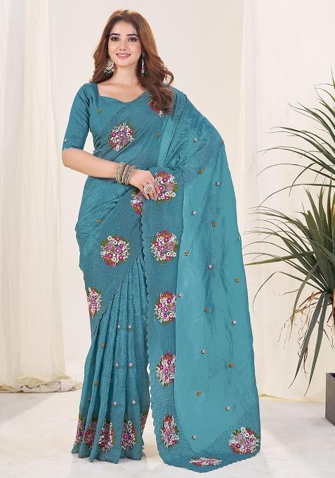 Rama Thread Work Blended Saree Set