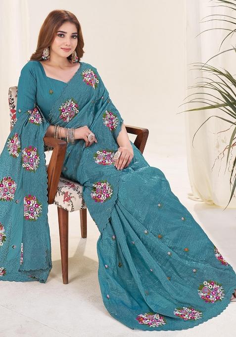 Rama Thread Work Blended Saree Set