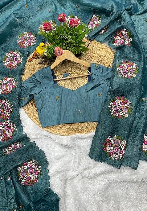 Rama Thread Work Blended Saree Set