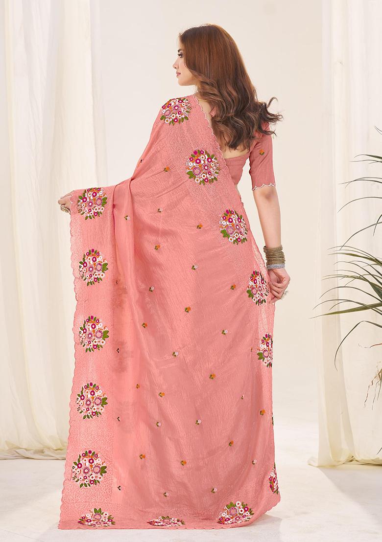 Peach Thread Work Blended Saree Set