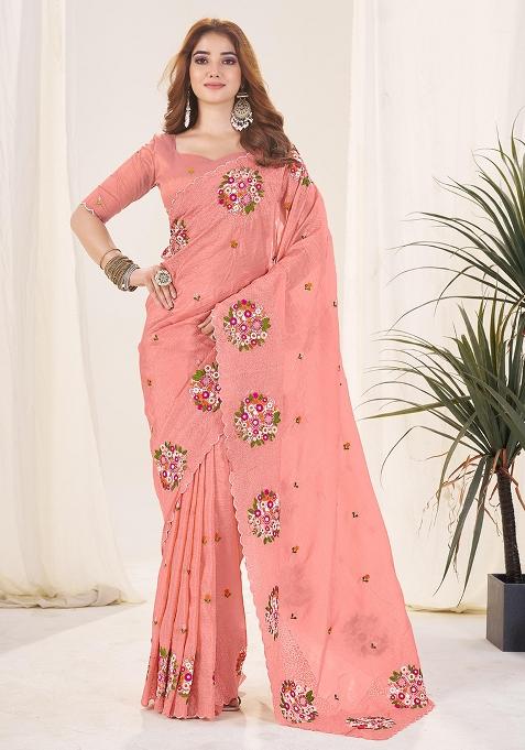 Peach Thread Work Blended Saree Set