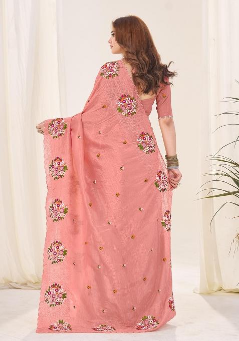 Peach Thread Work Blended Saree Set