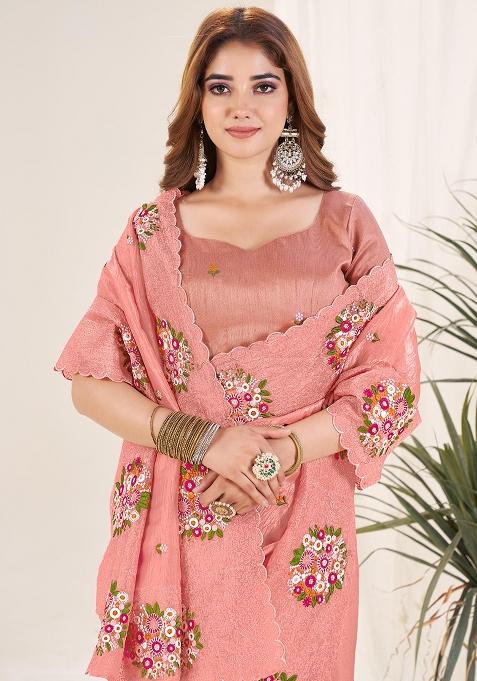 Peach Thread Work Blended Saree Set