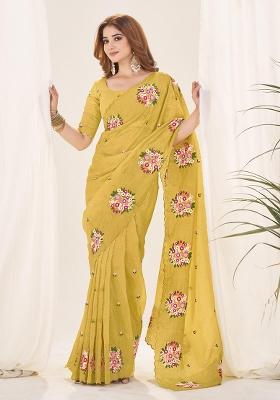 Yellow Thread Work Blended Saree Set