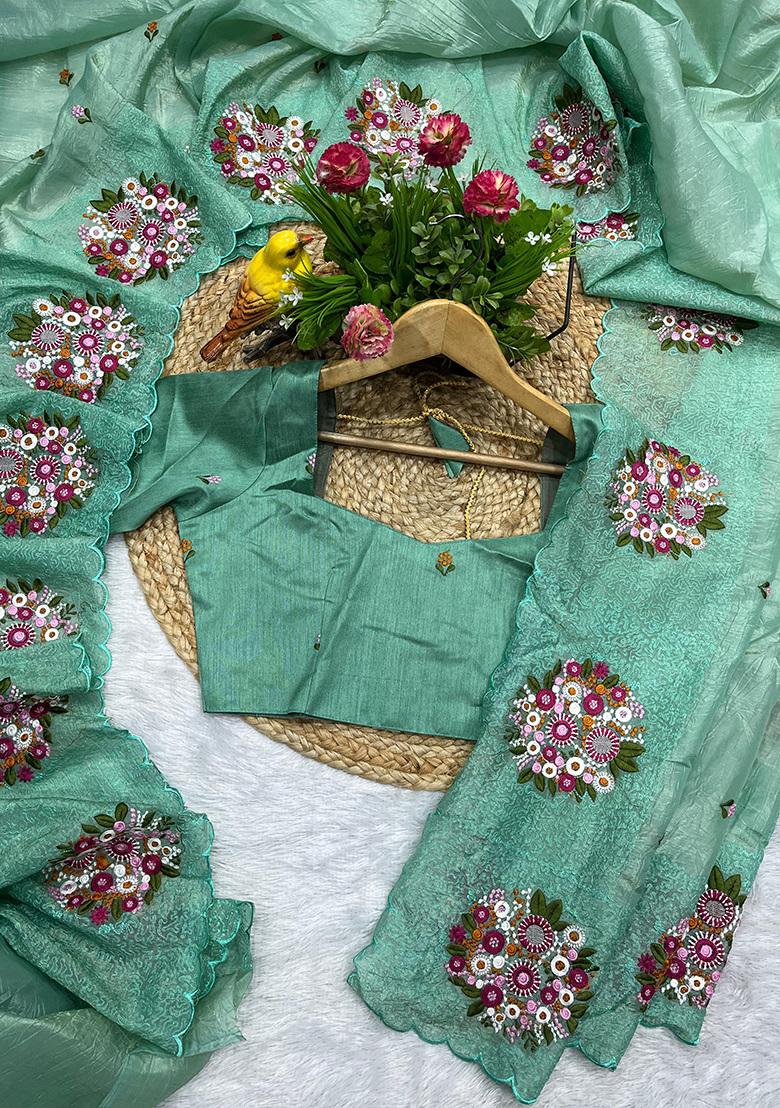 Seagreen Thread Work Blended Saree Set