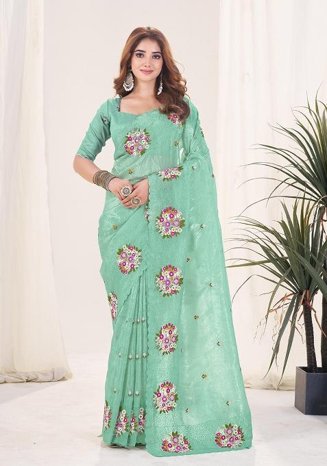 Seagreen Thread Work Blended Saree Set