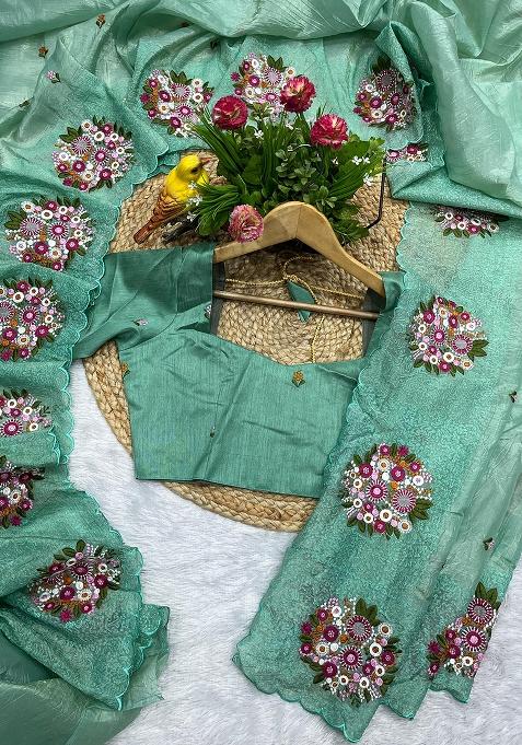 Seagreen Thread Work Blended Saree Set