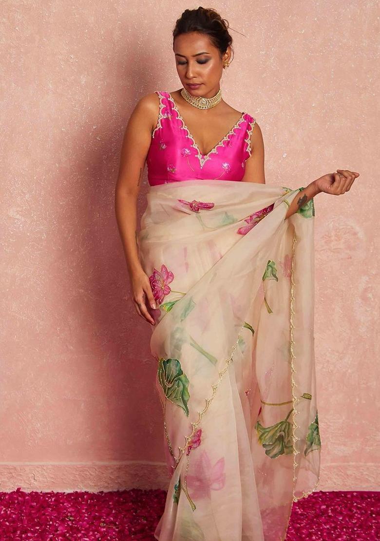 Peach Hand Work Organza Saree Set