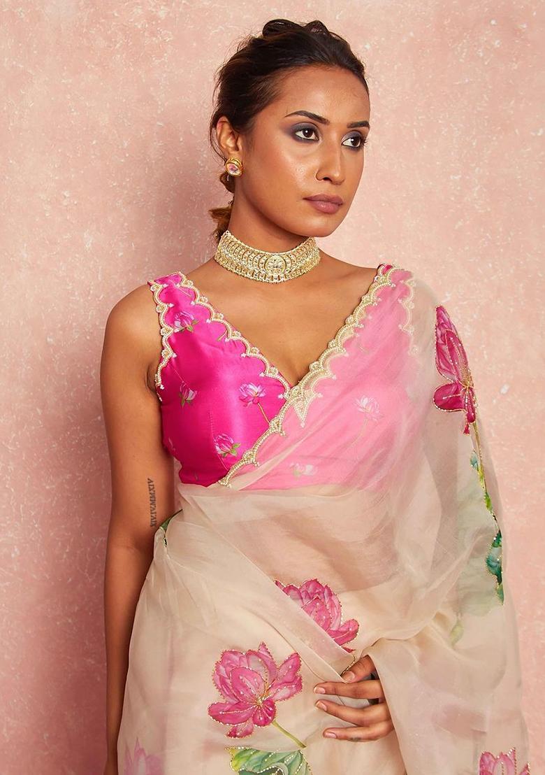 Peach Hand Work Organza Saree Set