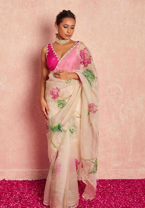 Peach Hand Work Organza Saree Set