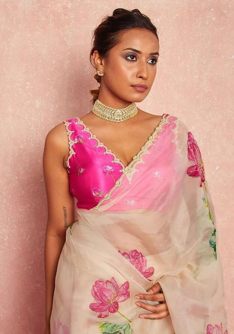 Peach Hand Work Organza Saree Set