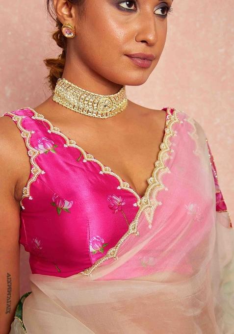Peach Hand Work Organza Saree Set