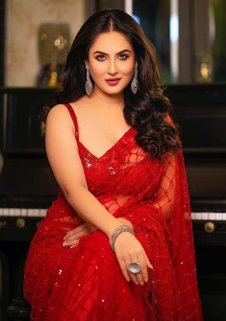 Red Embroidered Net Saree Set