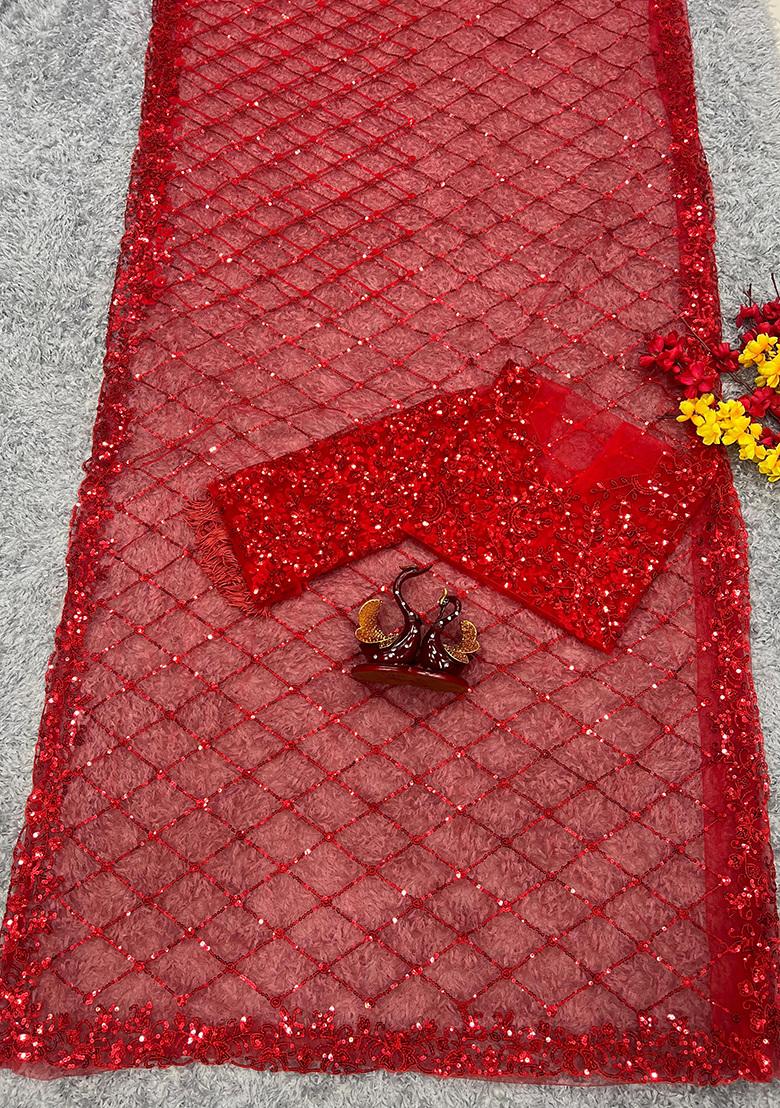 Red Embroidered Net Saree Set