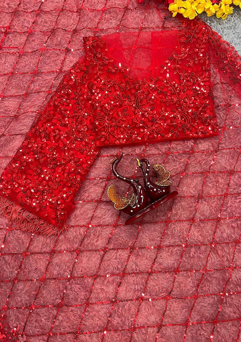 Red Embroidered Net Saree Set