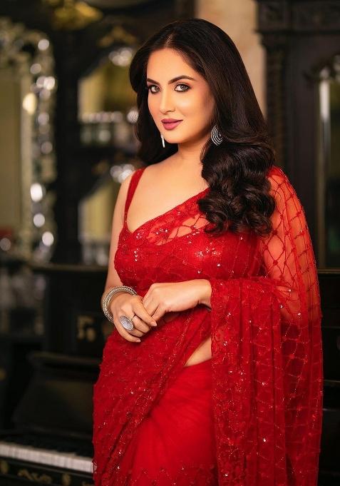 Red Embroidered Net Saree Set