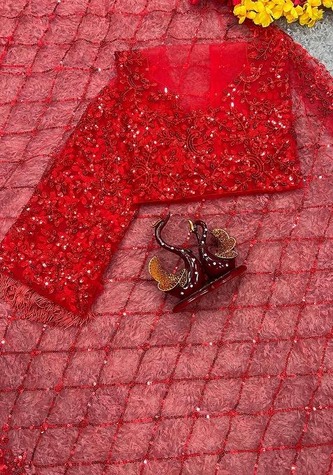 Red Embroidered Net Saree Set