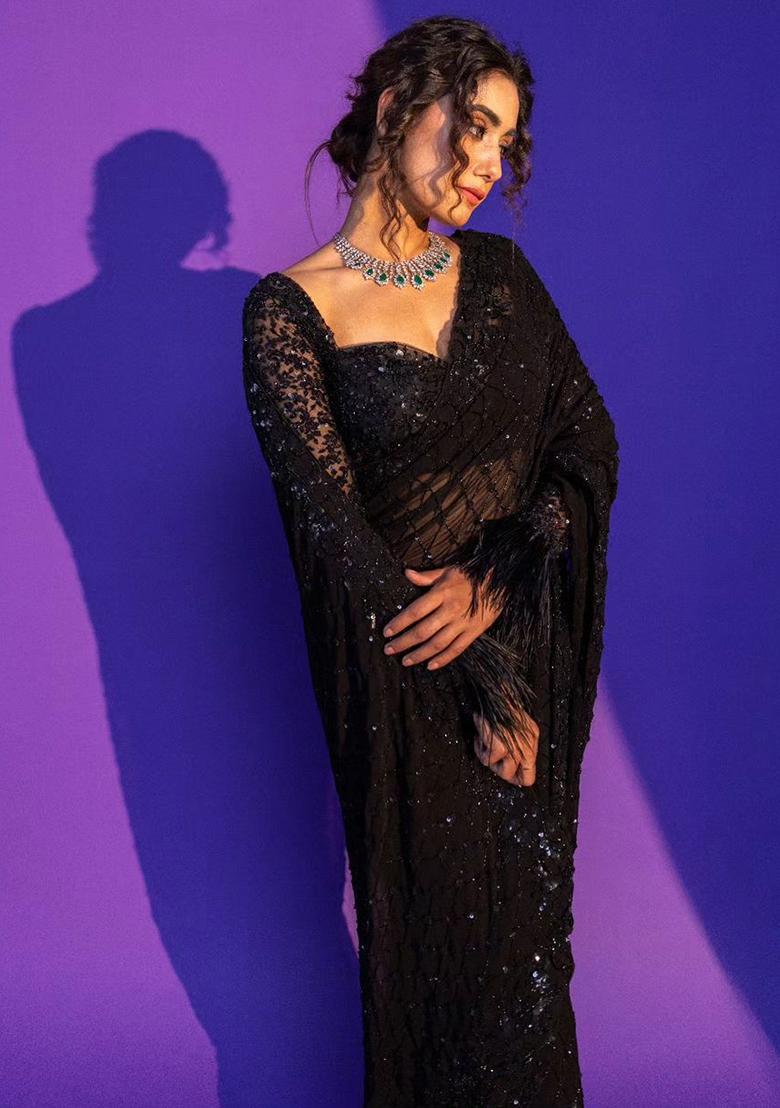 Black Embroidered Net Saree Set - Indya