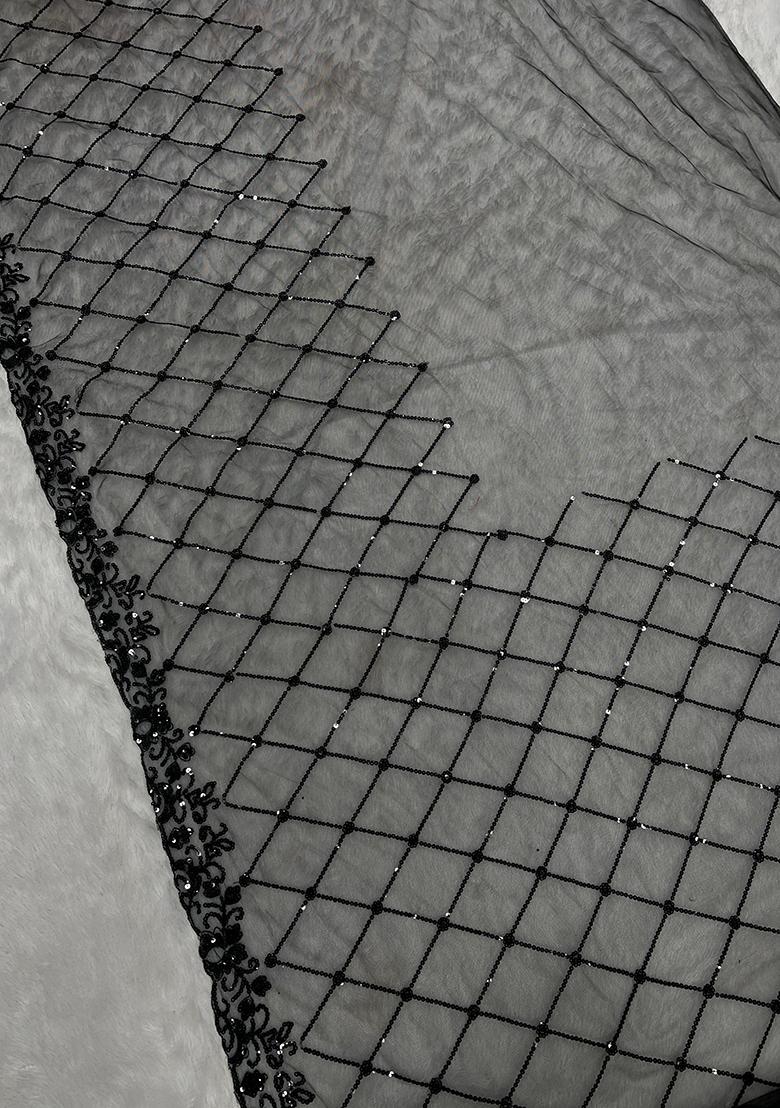 Black Embroidered Net Saree Set - Indya