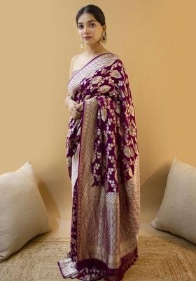 Purple Jacquard Work Silk Saree Set