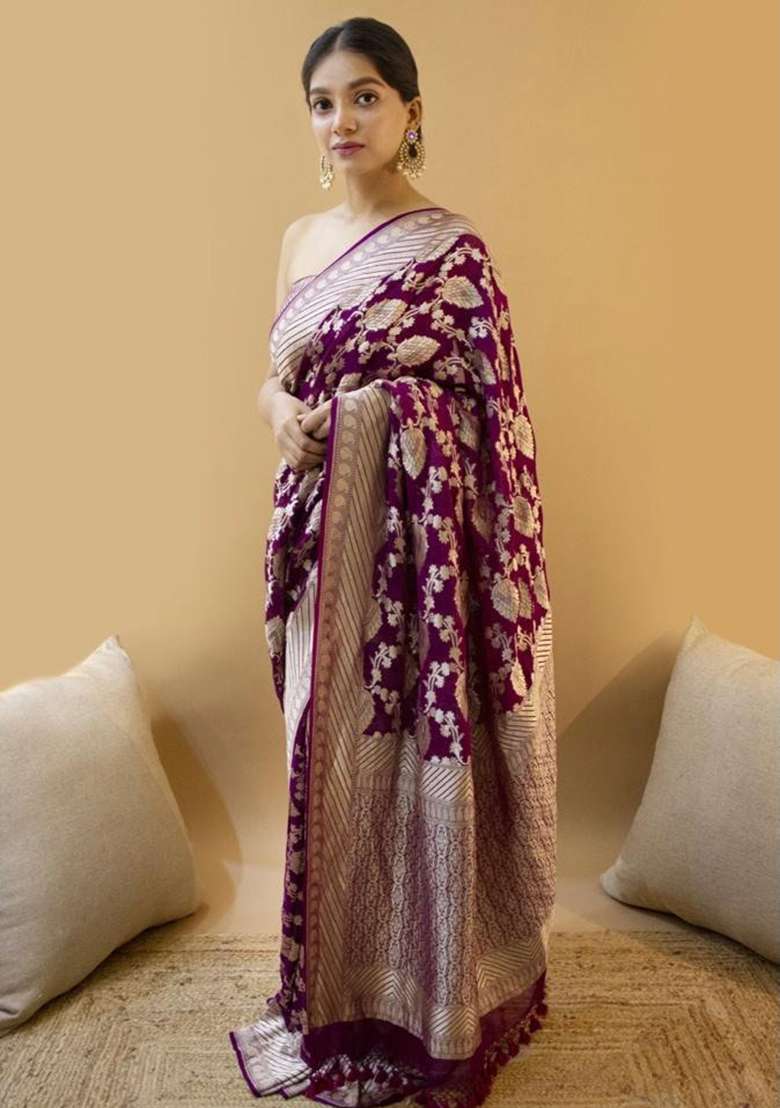 Purple Jacquard Work Silk Blend Saree Set for Diwali and Festive Wear - Indya