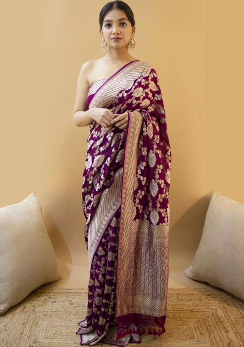 Purple Jacquard Work Silk Blend Saree Set for Diwali and Festive Wear - Indya