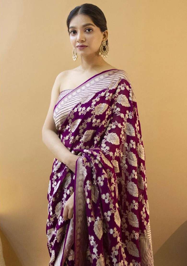 Purple Jacquard Work Silk Blend Saree Set for Diwali and Festive Wear - Indya