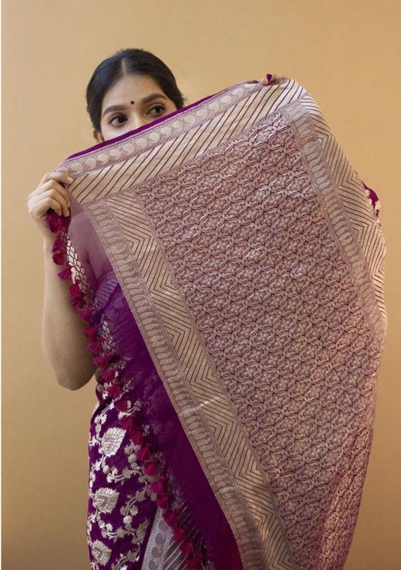 Purple Jacquard Work Silk Blend Saree Set for Diwali and Festive Wear - Indya