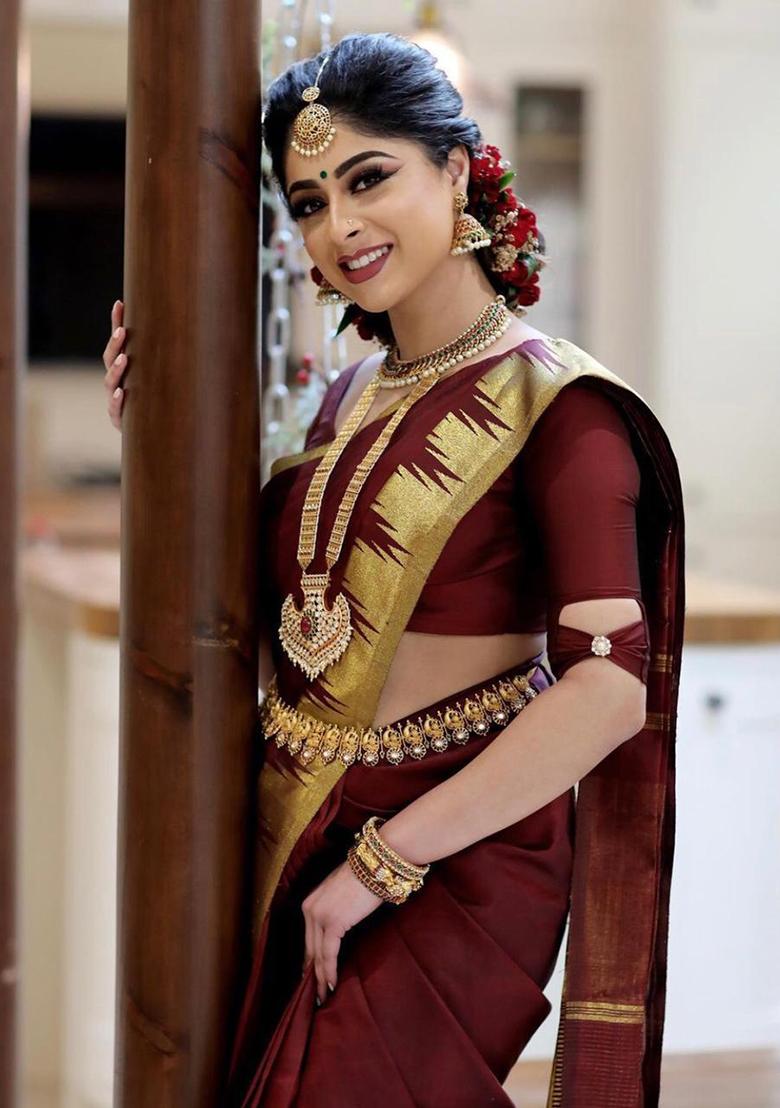 Maroon Jacquard Work Silk Saree Set