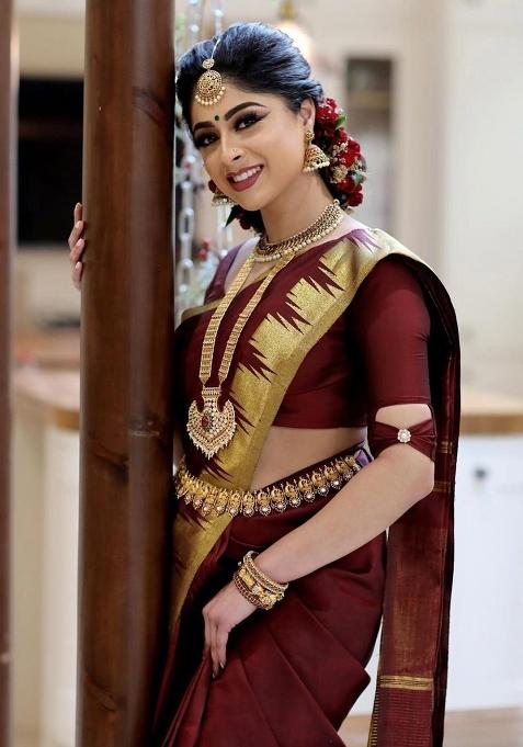 Maroon Jacquard Work Silk Saree Set