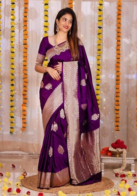 Purple Jacquard Work Silk Saree Set