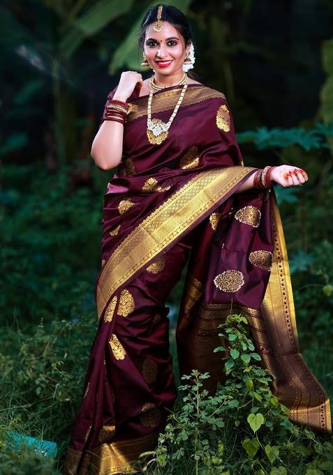 Maroon Jacquard Work Silk Saree Set