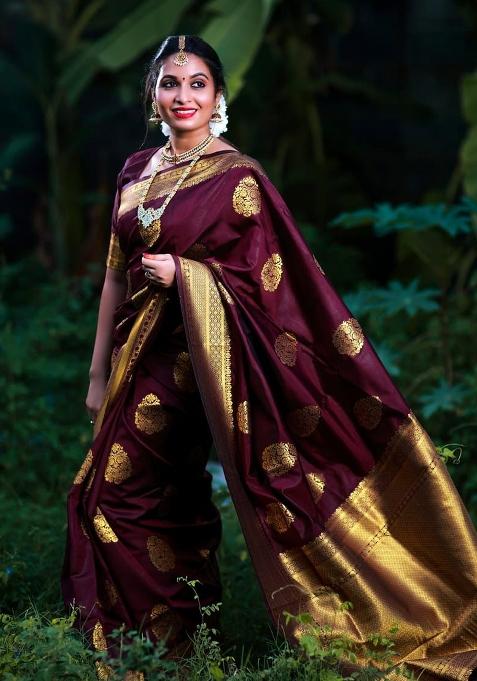 Maroon Jacquard Work Silk Saree Set