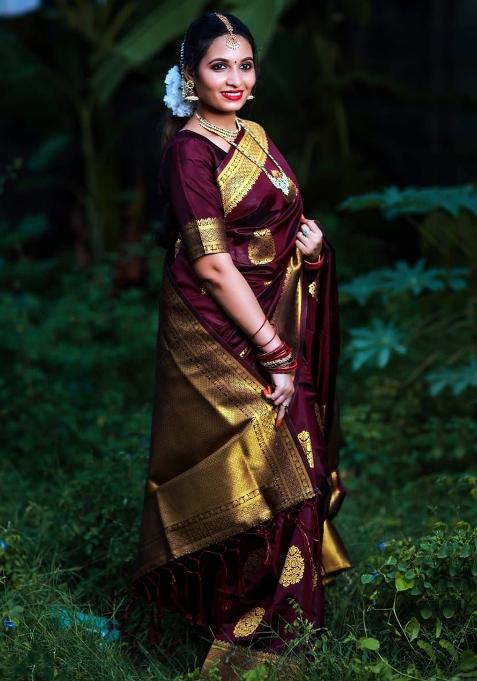 Maroon Jacquard Work Silk Saree Set