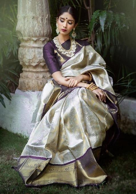 White Jacquard Work Silk Saree Set