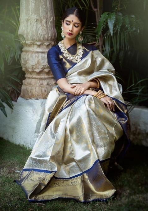 White Jacquard Work Silk Saree Set