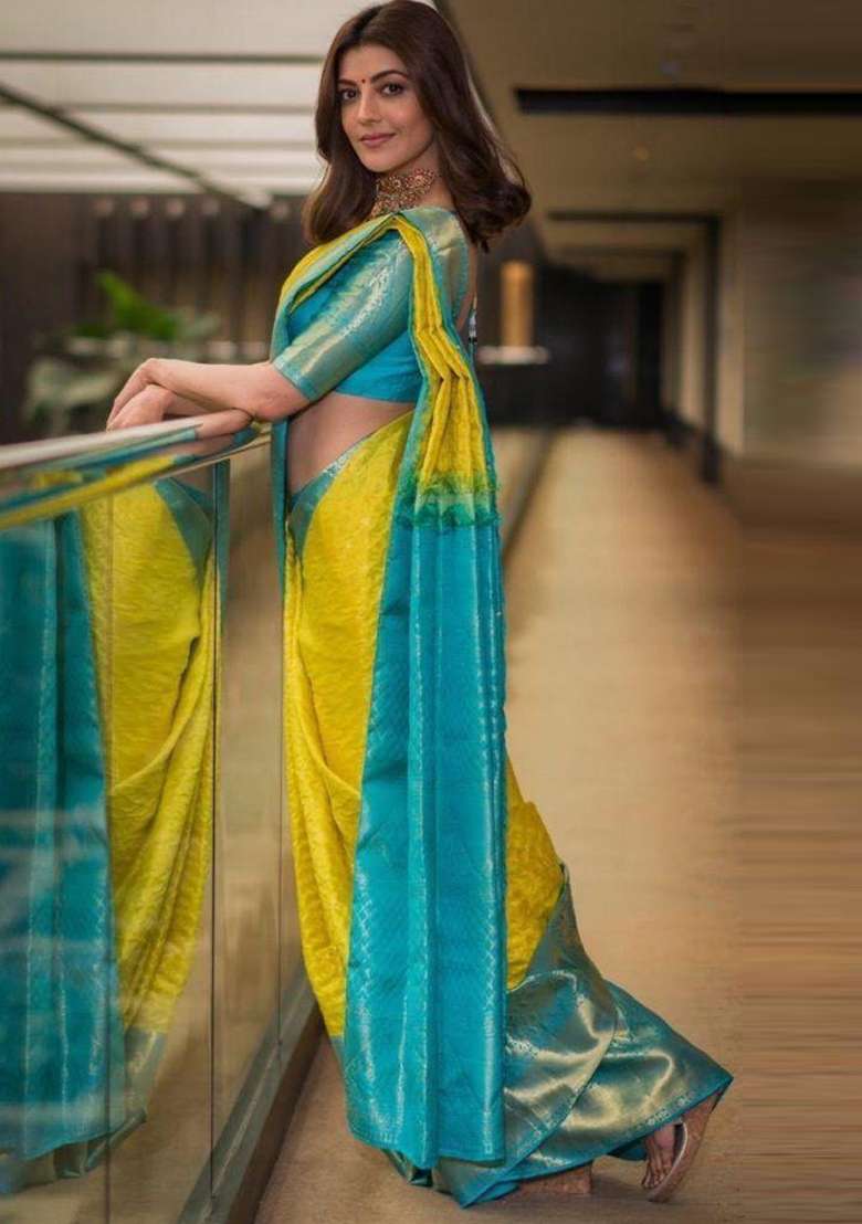Yellow Jacquard Work Silk Blend Saree Set for Diwali | Wedding & Festive Wear - Indya
