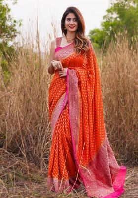 Orange Jacquard Work Silk Saree Set