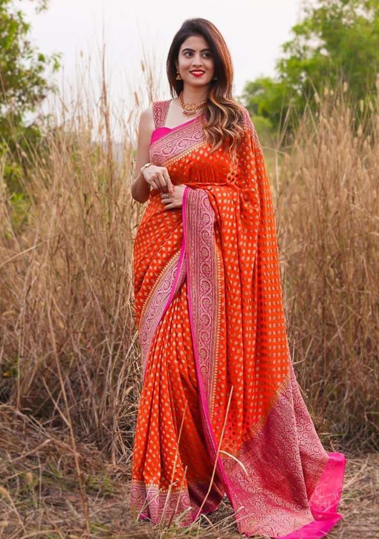 Orange Jacquard Work Silk Blend Saree Set for Diwali | Wedding & Festive Wear - Indya